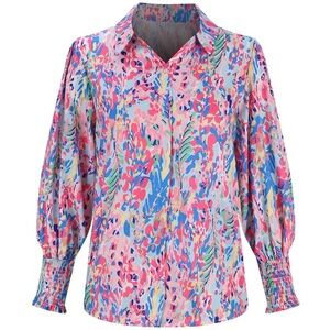 Okiwam Vibrant Multicolor Women's Long Sleeve Chiffon Floral Blouse Large
